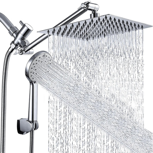 Shower Head Combo 8 Inch High Pressure Rain Shower Head With 11 Inch Adjustable Extension Arm and 3 Settings Handheld Spray 59inch Hose,Black,Chrome - Color: Chrome, Shower head Size: 8 inch