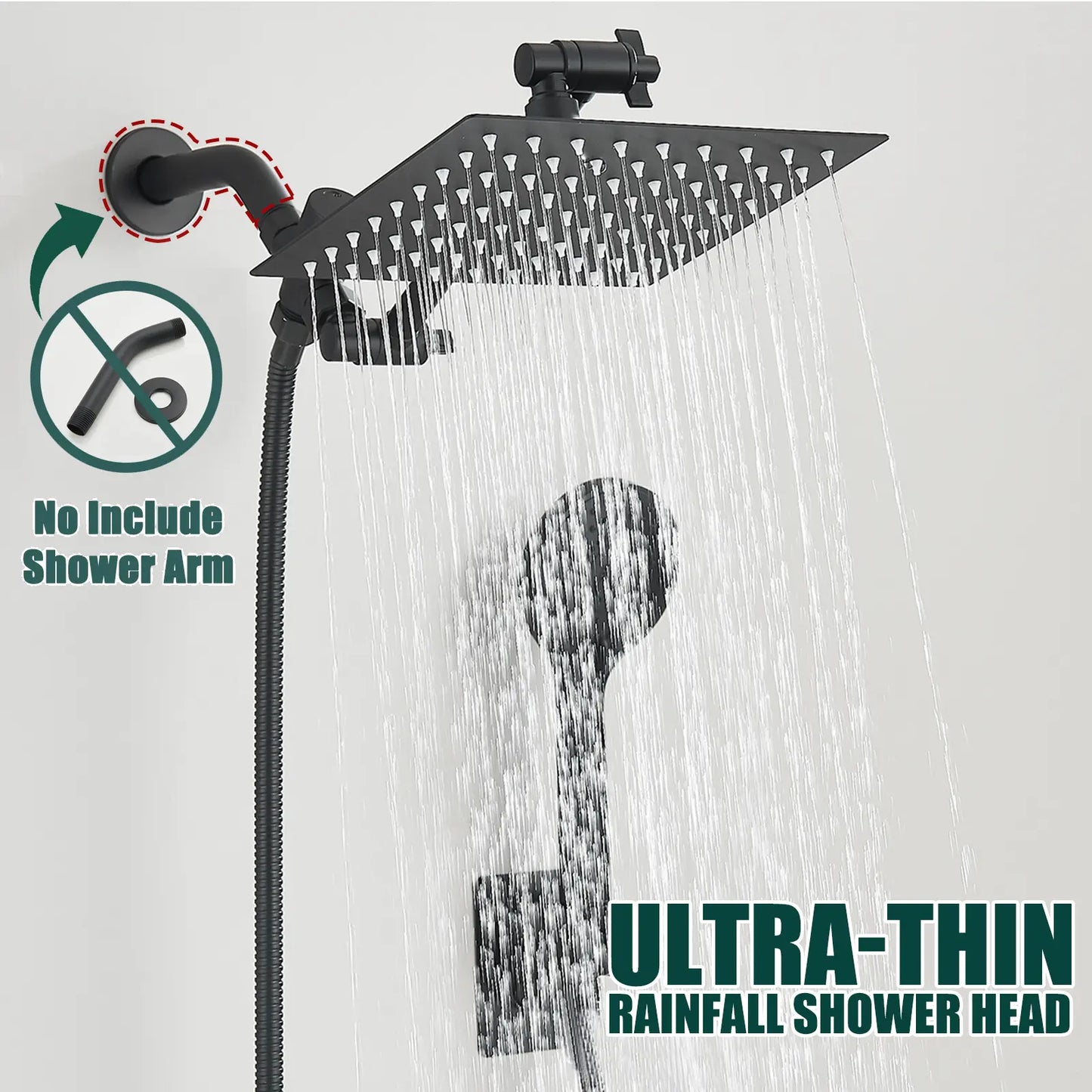 Shower Head Combo 8 Inch High Pressure Rain Shower Head With 11 Inch Adjustable Extension Arm and 3 Settings Handheld Spray 59inch Hose,Black,Chrome