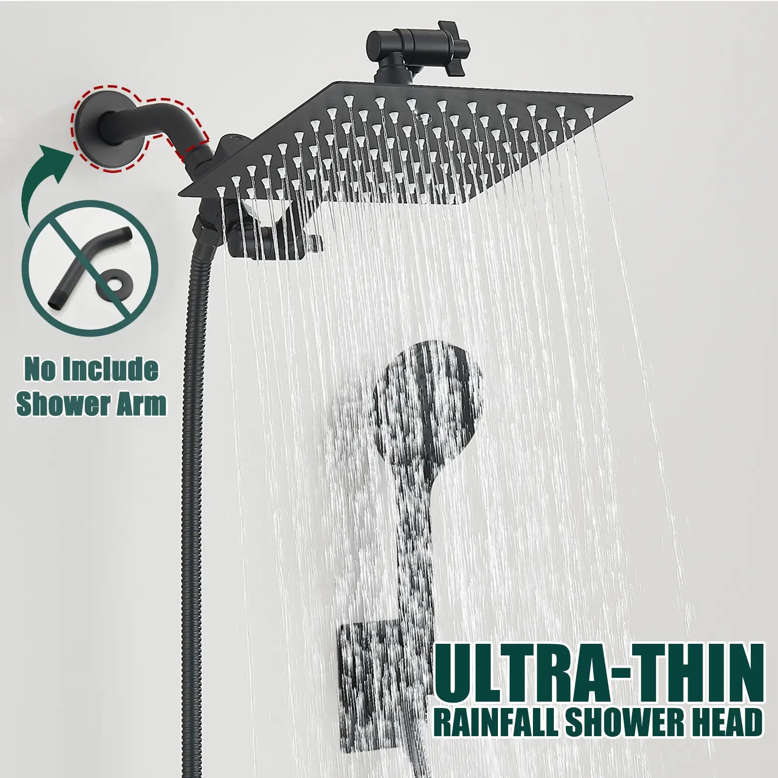 Shower Head Combo 8 Inch High Pressure Rain Shower Head With 11 Inch Adjustable Extension Arm and 3 Settings Handheld Spray 59inch Hose,Black,Chrome