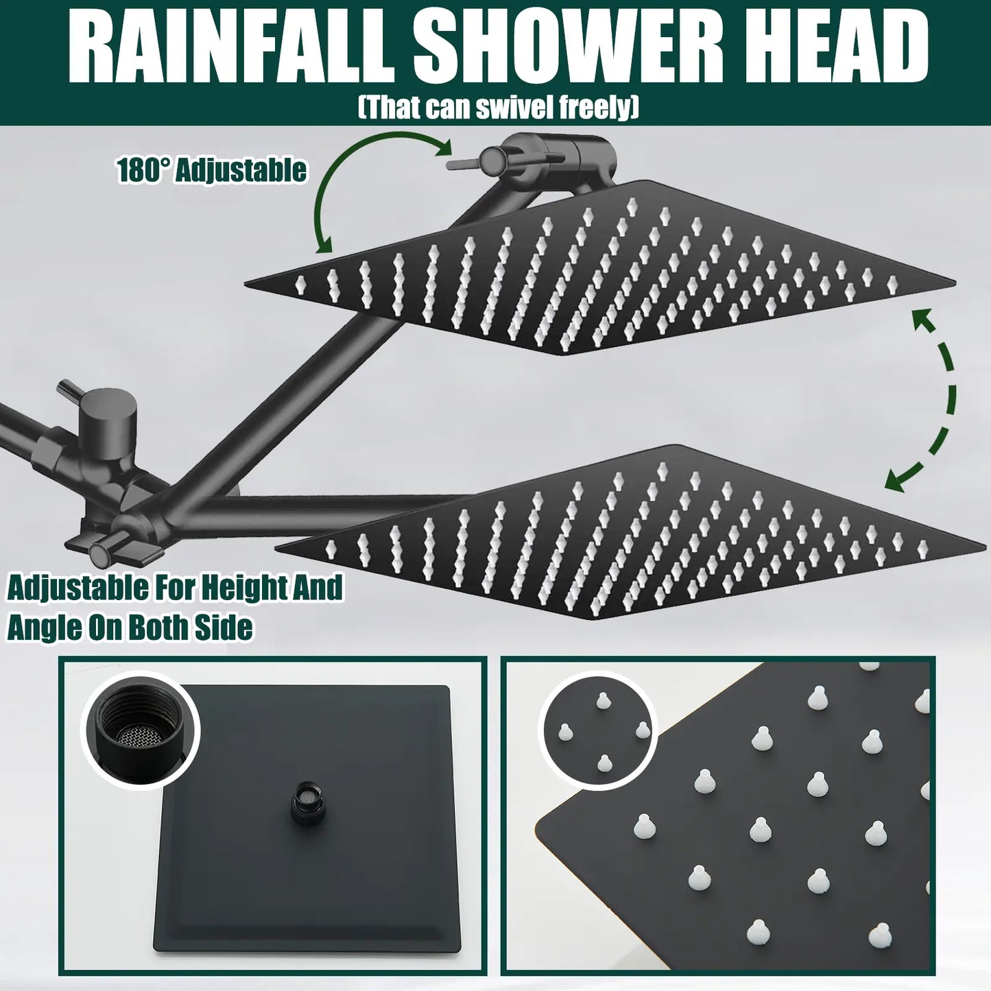 Shower Head Combo 8 Inch High Pressure Rain Shower Head With 11 Inch Adjustable Extension Arm and 3 Settings Handheld Spray 59inch Hose,Black,Chrome