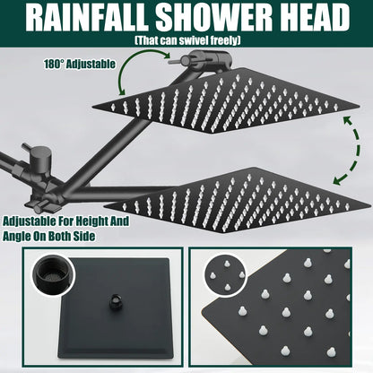 Shower Head Combo 8 Inch High Pressure Rain Shower Head With 11 Inch Adjustable Extension Arm and 3 Settings Handheld Spray 59inch Hose,Black,Chrome
