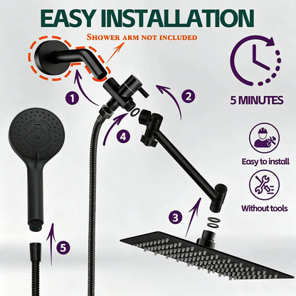 Shower Head Combo 8 Inch High Pressure Rain Shower Head With 11 Inch Adjustable Extension Arm and 3 Settings Handheld Spray 59inch Hose,Black,Chrome