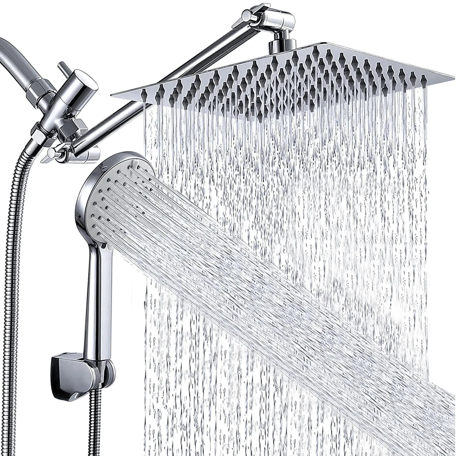 Shower Head Combo 8 Inch High Pressure Rain Shower Head With 11 Inch Adjustable Extension Arm and 3 Settings Handheld Spray 59inch Hose,Black,Chrome - Color: Chrome, Shower head Size: 8 inch