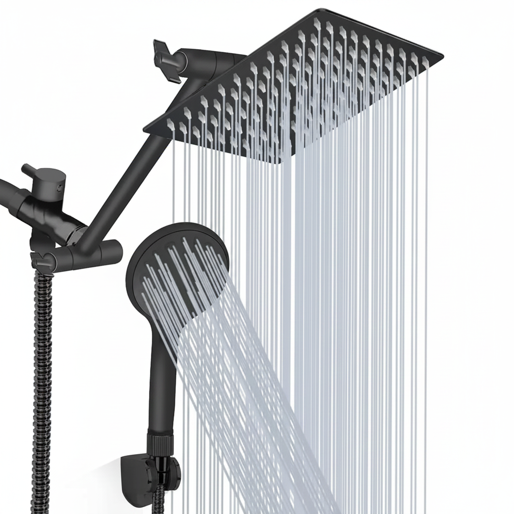 Shower Head Combo 8 Inch High Pressure Rain Shower Head With 11 Inch Adjustable Extension Arm and 3 Settings Handheld Spray 59inch Hose,Black,Chrome