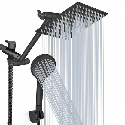 Shower Head Combo 8 Inch High Pressure Rain Shower Head With 11 Inch Adjustable Extension Arm and 3 Settings Handheld Spray 59inch Hose,Black,Chrome
