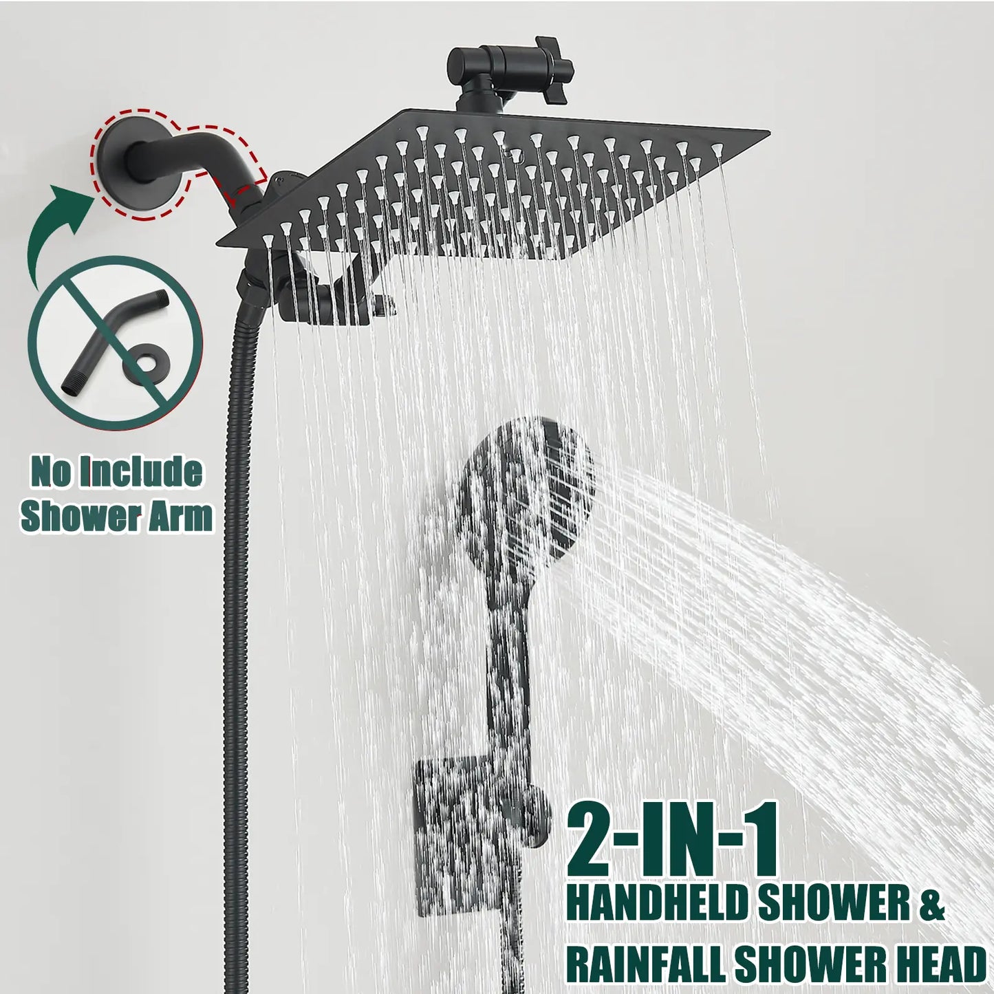 Shower Head Combo 8 Inch High Pressure Rain Shower Head With 11 Inch Adjustable Extension Arm and 3 Settings Handheld Spray 59inch Hose,Black,Chrome