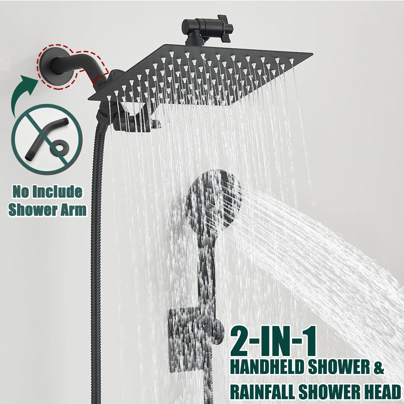 Shower Head Combo 8 Inch High Pressure Rain Shower Head With 11 Inch Adjustable Extension Arm and 3 Settings Handheld Spray 59inch Hose,Black,Chrome