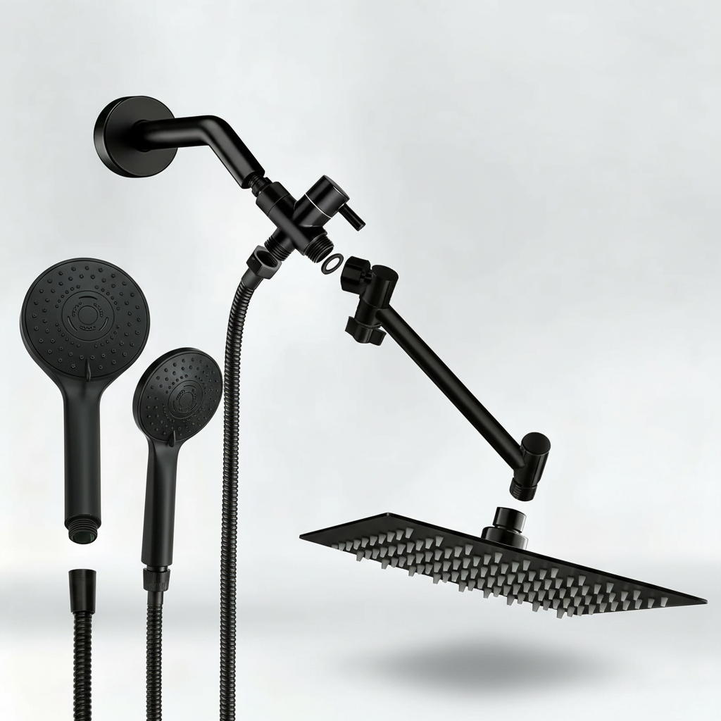 Shower Head Combo 8 Inch High Pressure Rain Shower Head With 11 Inch Adjustable Extension Arm and 3 Settings Handheld Spray 59inch Hose,Black,Chrome