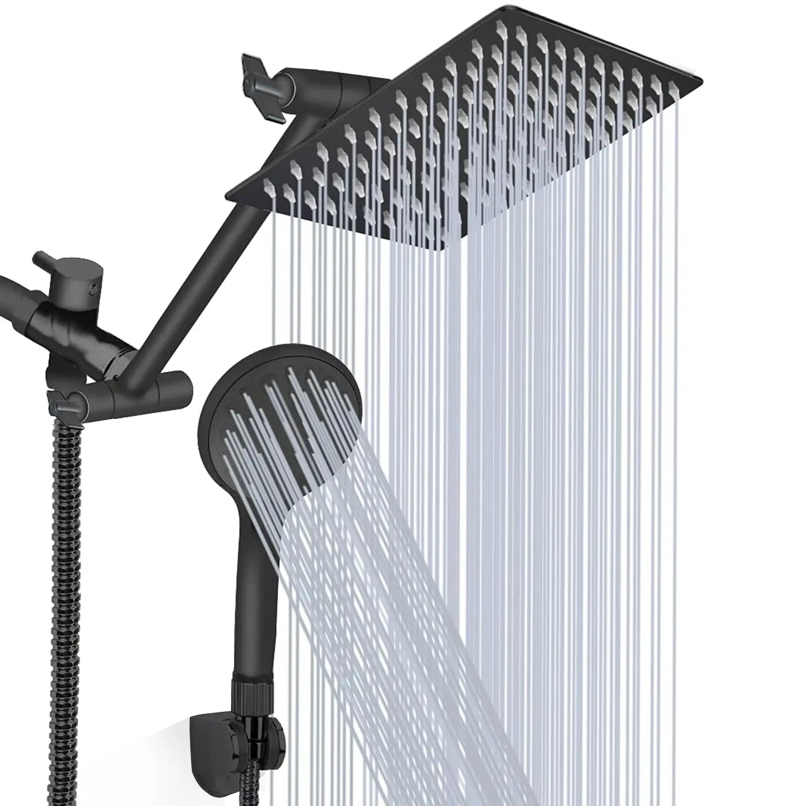 Shower Head Combo 8 Inch High Pressure Rain Shower Head With 11 Inch Adjustable Extension Arm and 3 Settings Handheld Spray 59inch Hose,Black,Chrome