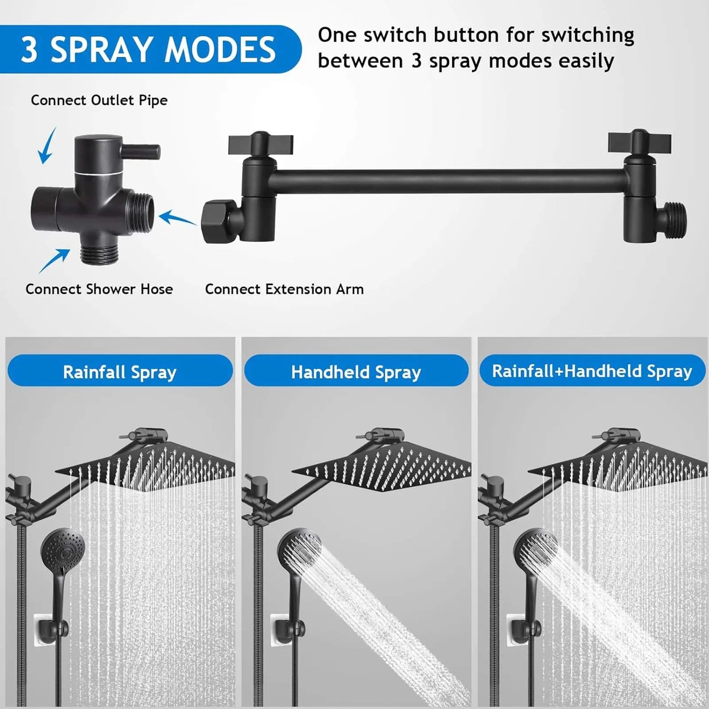 Shower Head Combo 8 Inch High Pressure Rain Shower Head With 11 Inch Adjustable Extension Arm and 3 Settings Handheld Spray 59inch Hose,Black,Chrome