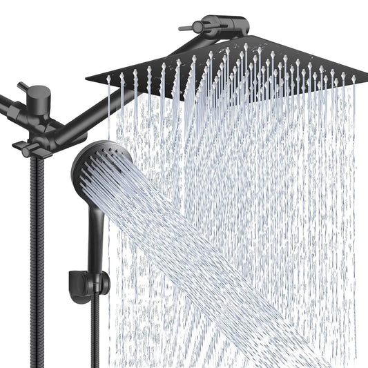 Shower Head Combo 8 Inch High Pressure Rain Shower Head With 11 Inch Adjustable Extension Arm and 3 Settings Handheld Spray 59inch Hose,Black,Chrome