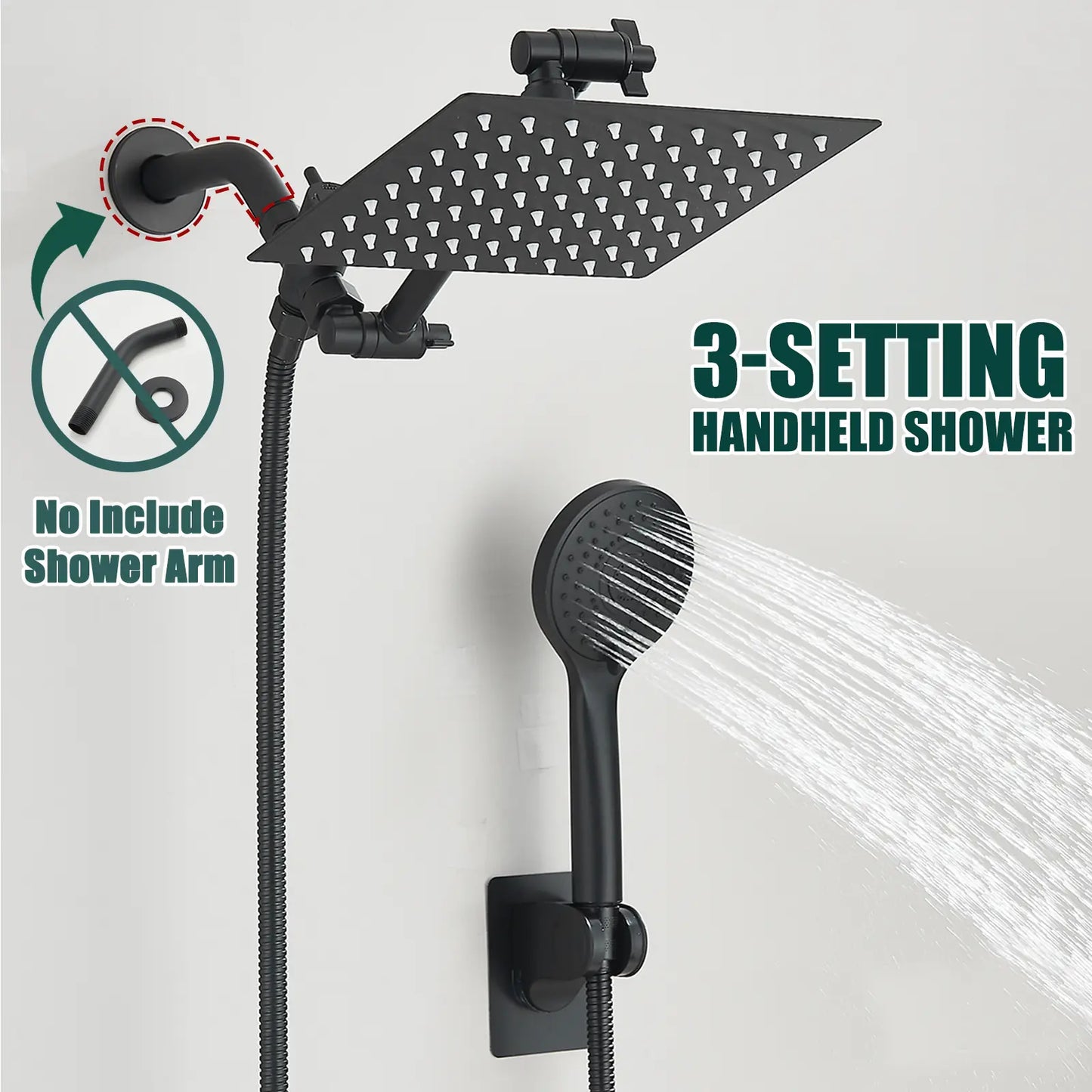 Shower Head Combo 8 Inch High Pressure Rain Shower Head With 11 Inch Adjustable Extension Arm and 3 Settings Handheld Spray 59inch Hose,Black,Chrome